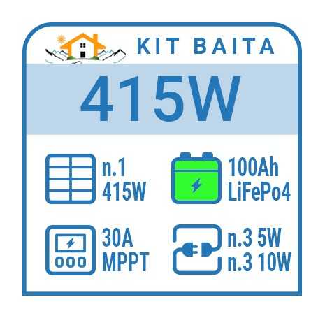 Kit solare a isola 415W, batteria Litio 200Ah, 6 luci